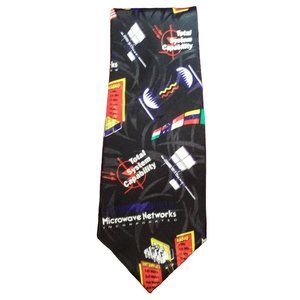 Mens Novelty Tie Microwave Network Total Systems 100% Silk Blk Geometric